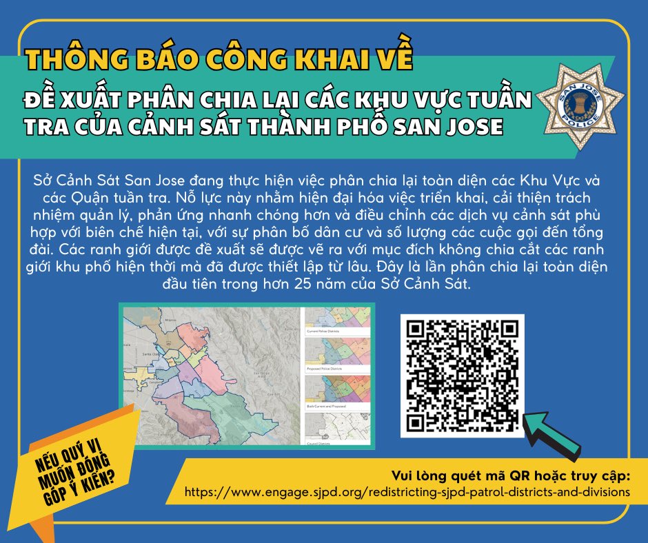 The San Jose Police Department is implementing a comprehensive redistricting of patrol Districts and Divisions. This effort modernizes deployment, improves supervision, reduces response times, and aligns police services with current staffing levels, population distribution, and