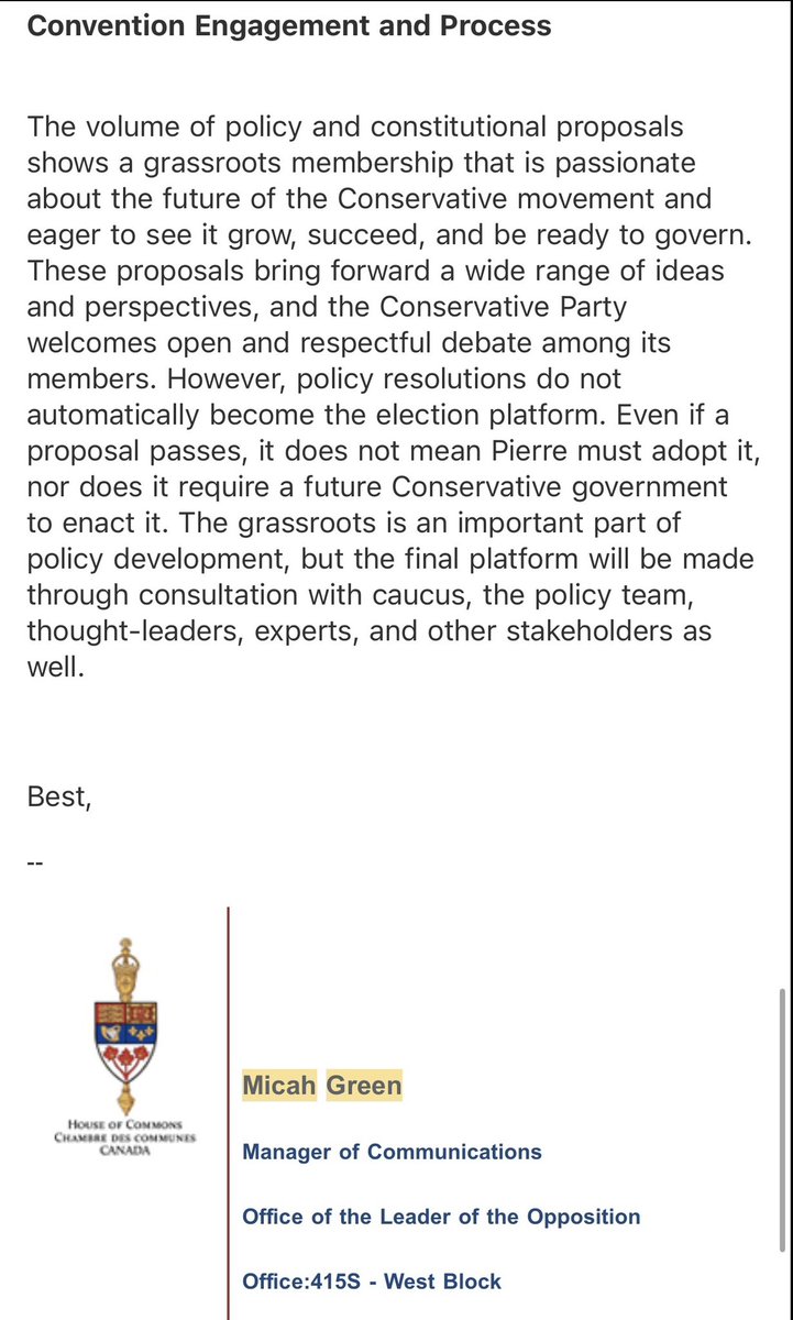 A House of Commons–paid staffer emailing influencers coordinated partisan talking points for a Conservative convention. <a href="/MicahGreen01/">Micah Green</a> 

That’s not “engagement.”
That’s using taxpayer resources for party messaging.

Not allowed. Not ethical. Not debatable.

When a publicly funded
