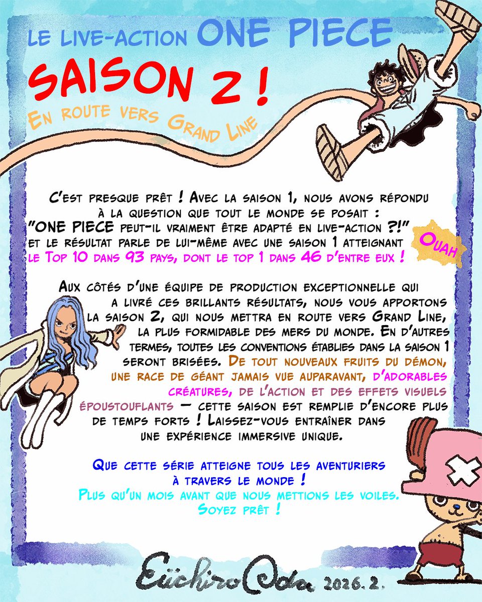 NetflixFR's tweet photo. Vous avez reçu un message de Eiichirō Oda.

ONE PIECE saison 2, le 10 mars. https://t.co/5LkR7fvzxr