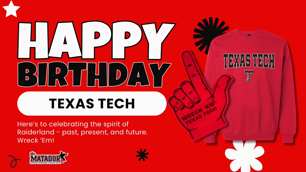 Happy Birthday, <a href="/TexasTech/">Texas Tech University</a>! ❤️🖤 Celebrating Raiderland today and always. Wreck ’Em! 🎉🌵 #TexasTech #WreckEm