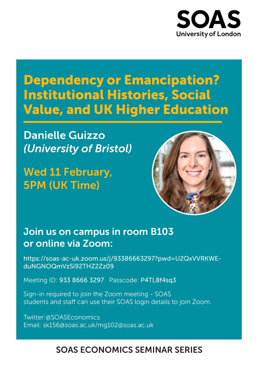 📌 Join us TOMORROW at <a href="/SOAS/">SOAS University of London</a> #Economics for a Seminar with Danielle Guizzo on:

🤝Dependency or Emancipation? 🏛️Institutional Histories, Social Value, and UK Higher Education 🇬🇧

Info 🔗 soas.ac.uk/about/event/de…