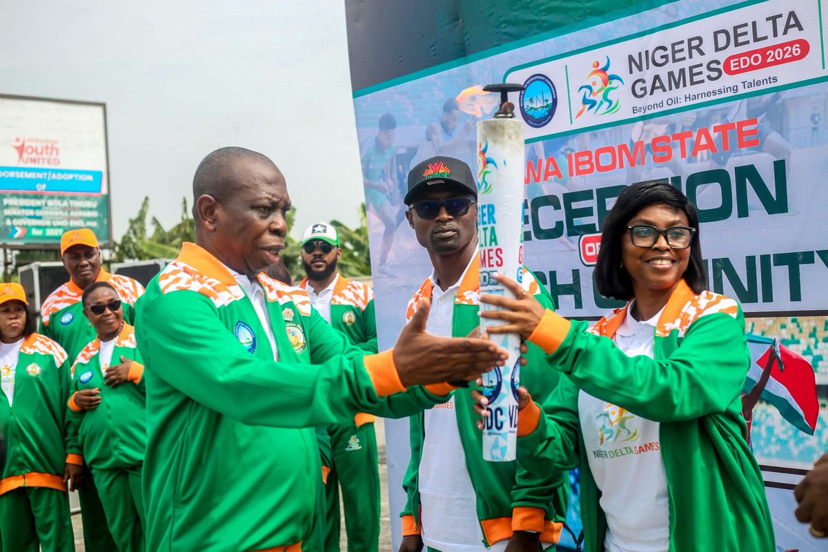 CreativityDavid's tweet image. The Governor of Akwa Ibom State, His Excellency, Pastor Umo Eno, Ph.D today received Torch of Unity for Niger Delta Games, Edo 2026 held at Globe Roundabout, Wellington Bassey Way, Uyo. The Governor was ably represented by the Commissioner for Education, Prof. Ubong Essien Umoh.