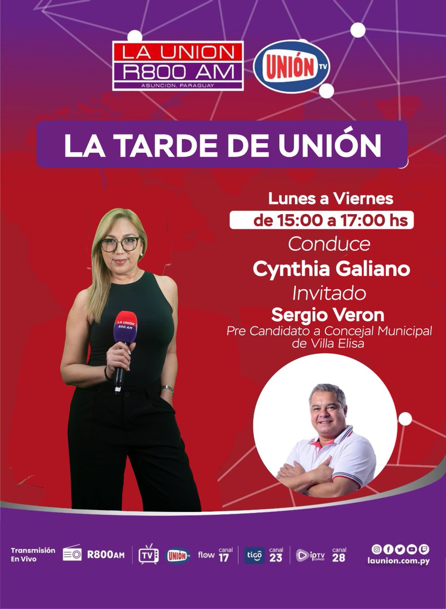Launionam's tweet photo. 🔍🗳️¡VILLA ELISA EN LA MIRA DE #LATARDEDEUNIÓN! 

🧐Mañana nos acompaña en estudios Sergio Verón, precandidato a Concejal Municipal de Villa Elisa. Vamos a conversar sobre los desafíos que enfrenta la ciudad y las propuestas que busca llevar a la Junta Municipal para mejorar la calidad de vida de los vecinos.

☝🏻😉¡Prendete a una charla imperdible con la conducción de @CynthiaGaliano!

🗓️ Mañana miércoles
🕒 15:00 a 17:00 hs
📻 R800 AM y Unión TV