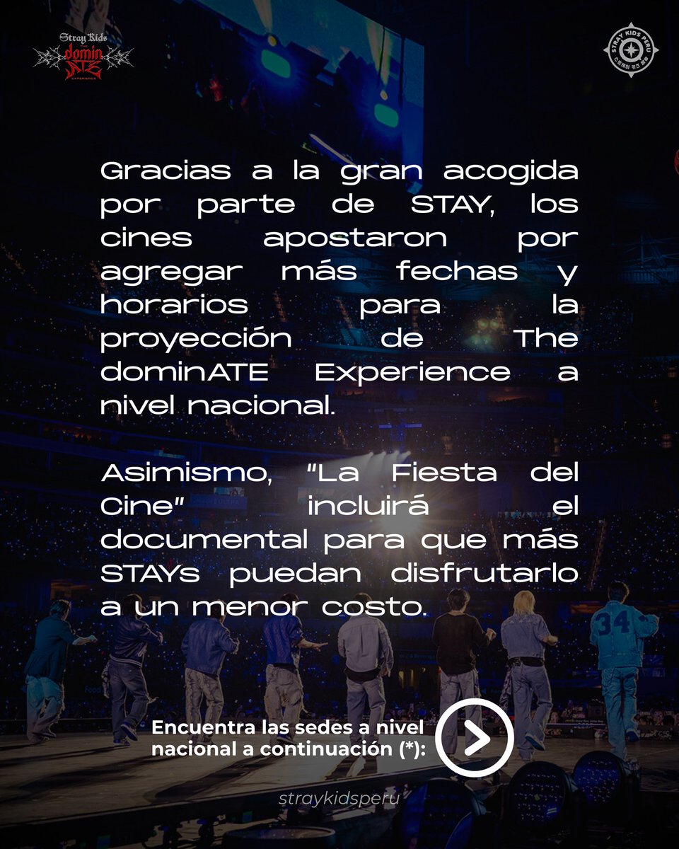 StrayKidsPeru's tweet photo. STAY🇵🇪
Gracias a ustedes, Perú alcanzó el #1 de asistencia en el primer día de estreno de Stray Kids: The dominATE Experience 🖤🔥
La energía de STAY se hizo sentir y, debido a la gran demanda, se han confirmado nuevas fechas y funciones en distintos cines a lo largo del Perú ✨ https://t.co/YjqotAYphO