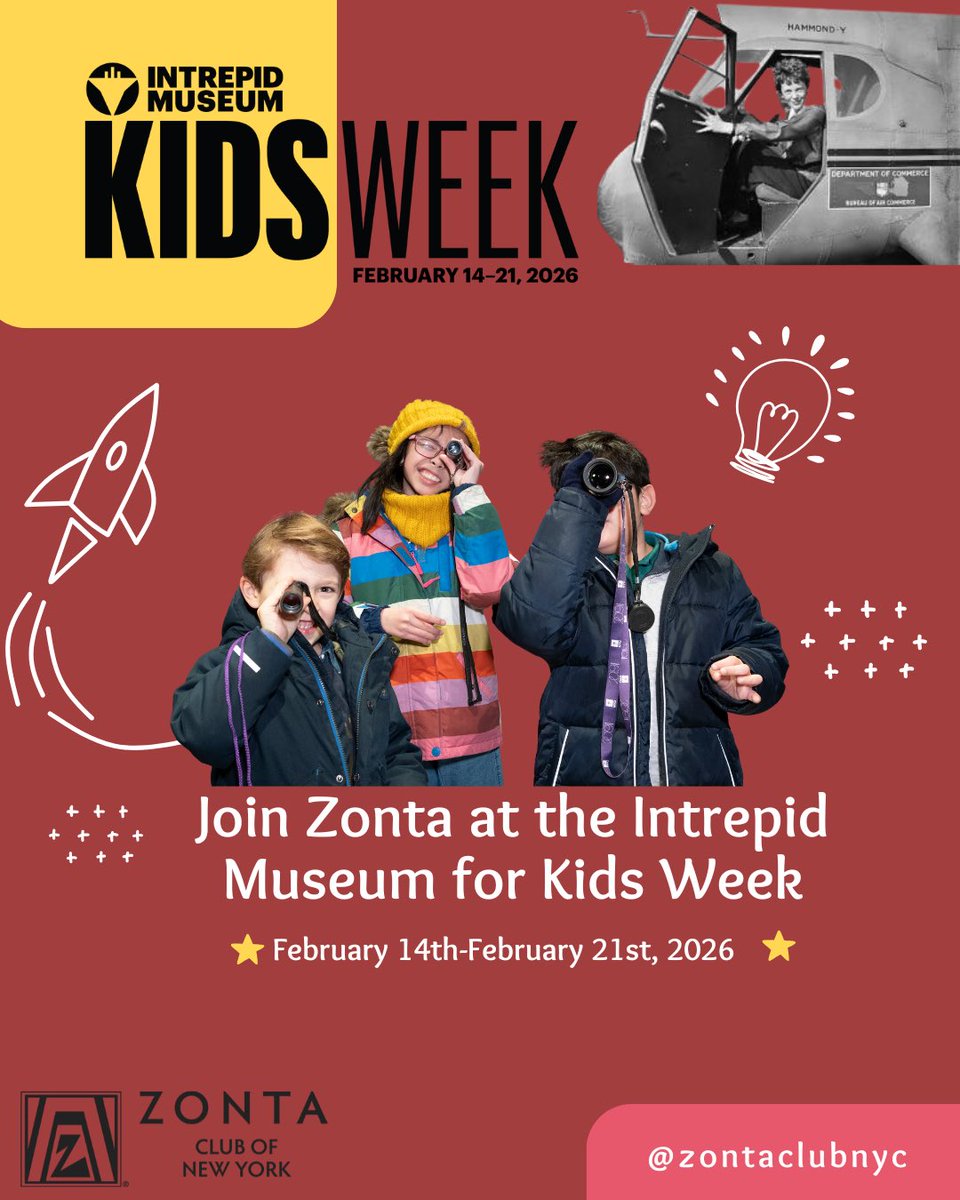 Zontaclubnyc's tweet image. 🚀 We’re thrilled to announce that Zonta New York is joining #KidsWeek at the #IntrepidMuseum!

Visit the Zonta District 3 booth on Saturday, Feb. 14th, Sunday, Feb. 15th and Monday, Feb. 16th to learn about famous pilot Amelia Earhart.

📍intrepidmuseum.org/kids-week