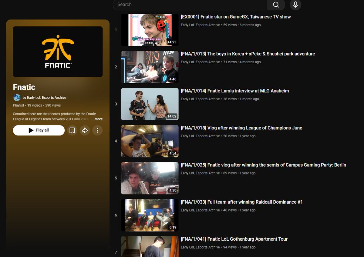 earlylolarchive's tweet photo. I've started assigning reference codes and it really makes the gaps in the documentation stand out. 

Out of Fnatic's first 42 videos, we only have 7 (one not included here as it's still available on Fnatic's channel - FNA/1/020 "Cooking with xPeke").

:( https://t.co/IsJKufMx6y