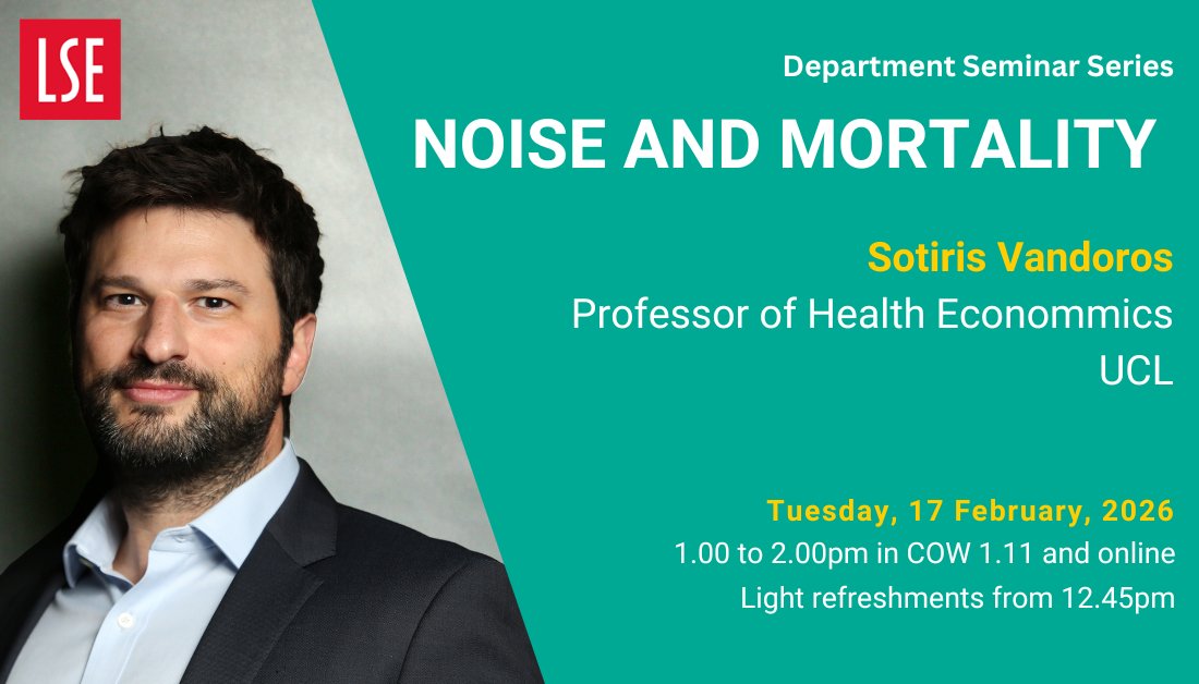 LSEHealthPolicy's tweet image. Department Seminar next week! @S_Vandoros 🔊
💡How does environmental noise affect our health — and even our lifespan? 

This seminar explores new evidence on how noise reduction reduces mortality, &amp;amp; why noise policy matters for #publichealth.

👉Register: bit.ly/4kMAjBf
