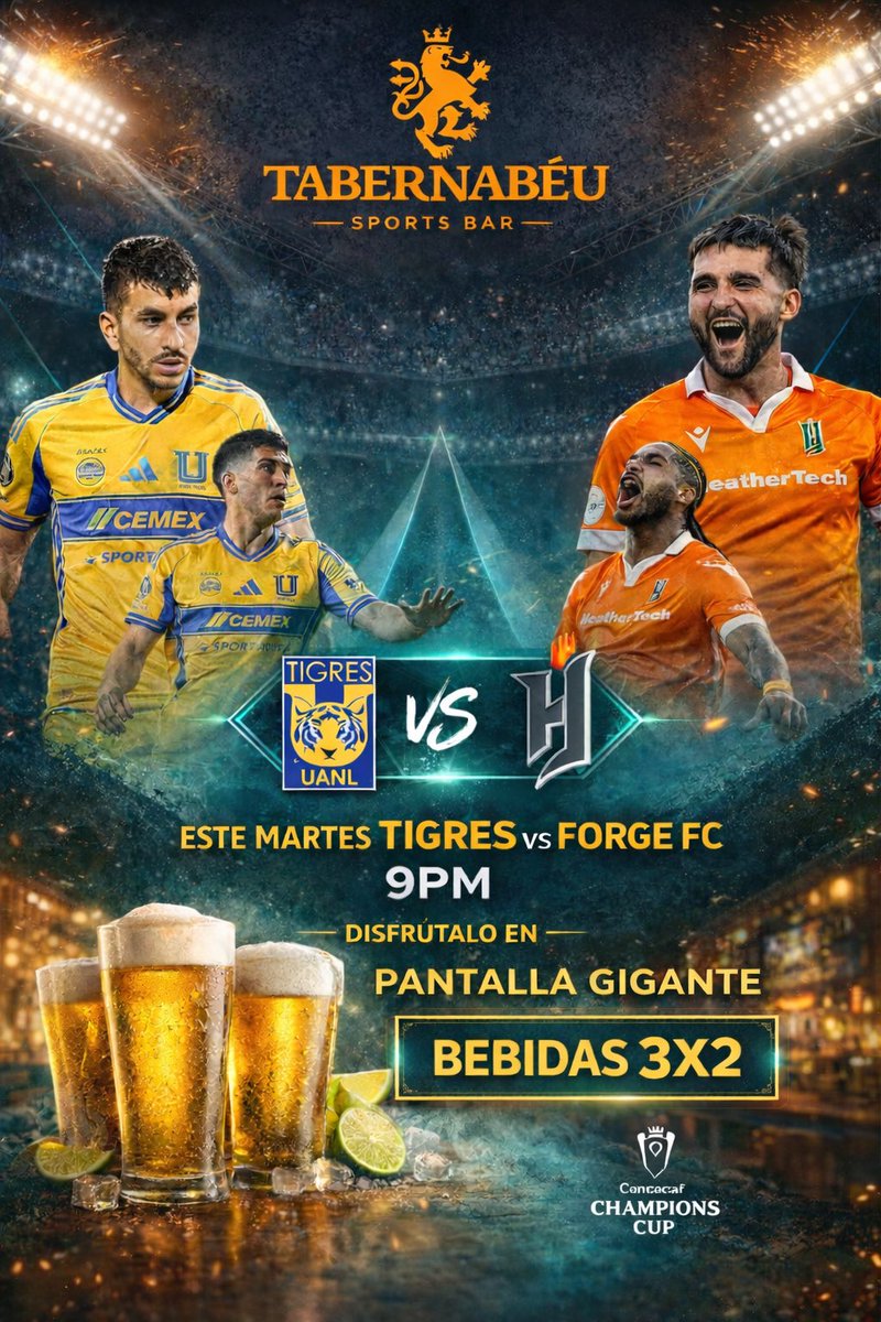 Hoy tenemos #ChampionsCup2026 #Tigres vs. #ForgeFC 9:00 pm, los esperamos con promo en bebidas.