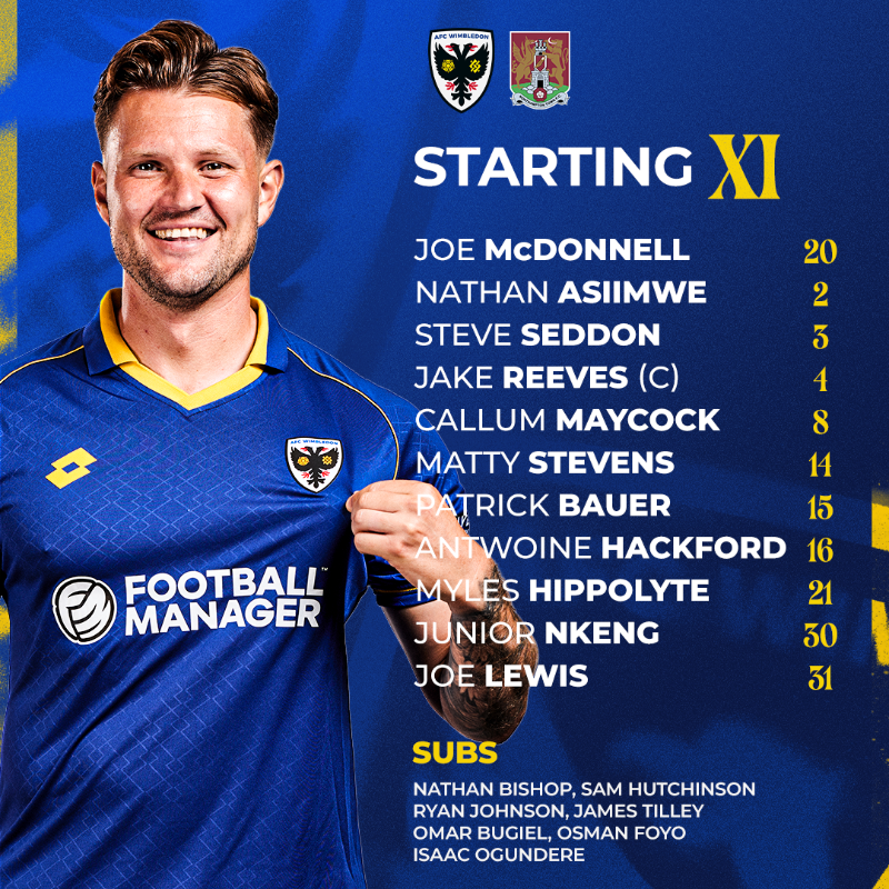 AFCWimbledon's tweet photo. Here's how the Dons line-up for the @VertuTrophy quarter-final 📋

#AFCW 🟡🔵