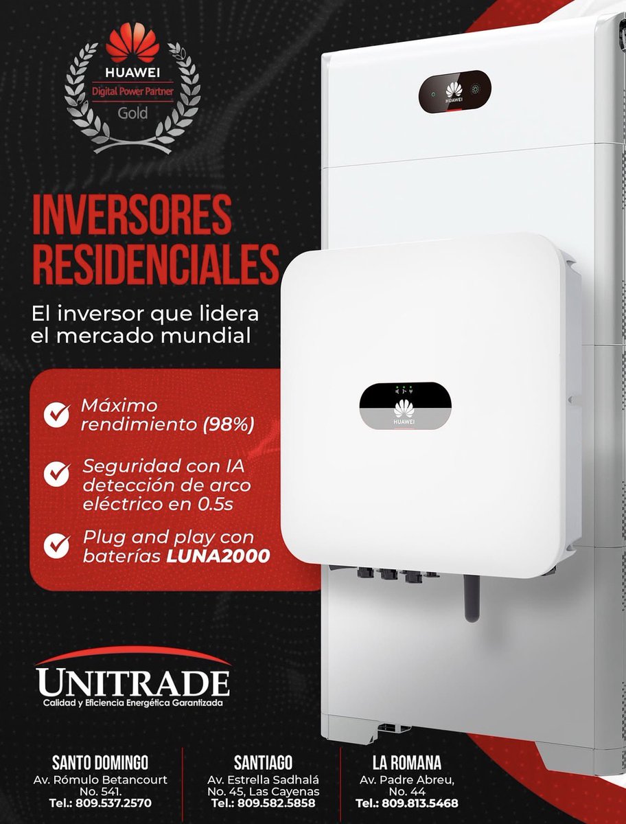 unitraderd's tweet photo. Energía solar pensada para tu hogar⚡🏡
Reduce tu factura eléctrica, aporta al cuidado del planeta y disfruta de tecnología de última generación.

#Huawei #EnergíaInteligente #InversoresResidenciales #EnergíaSolar https://t.co/0ZCHERSJrG