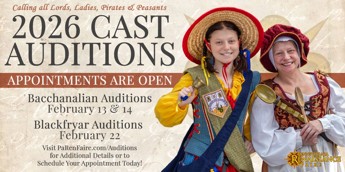 Auditions Begin This Weekend!
Join our vibrant community of artisans, musicians, and other royal performers as we transport hundreds of thousands of guests back to the 16th century.
All details and online registration at: parenfaire.com/auditions.html