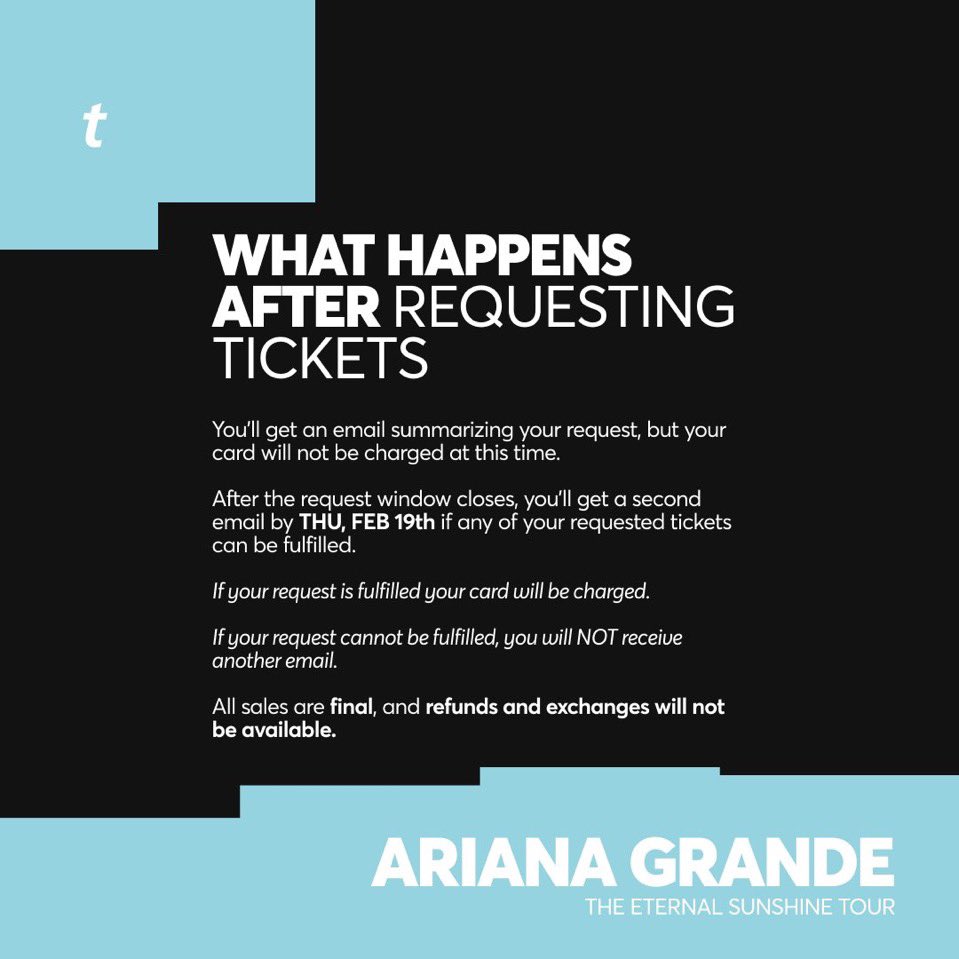 ¡la solicitud de boletos para “the eternal sunshine tour” ya está abierta!

🩵elige tu fecha preferida.
🩵ingresa tu información bancaria.
🩵envía tu solicitud.

US: arianagrande.request.ticketmaster.com
CANADA: caarianagrande.request.ticketmaster.ca