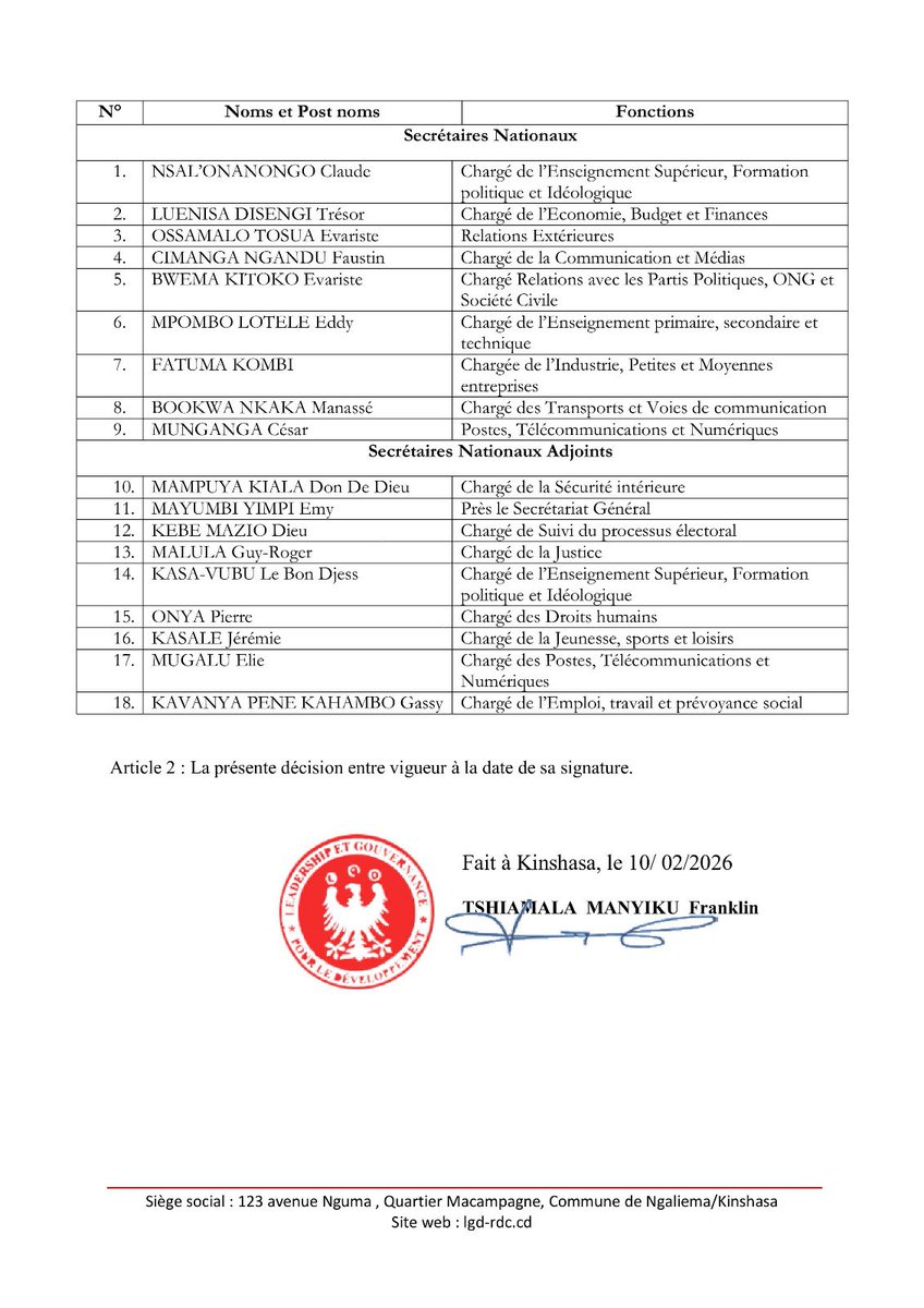 #RDC: 🔴⚪️ DECISION N° 105 LGD / SG/2026, DU 10/02/2026, PORTANT DESIGNATION DES MEMBRES SECRETAIRES NATIONAUX ET SECRETAIRE ADJOINTS A TITRE INTERIMAIRE DU PARTI POLITIQUE LEADERSHIP ET GOUVERNANCE POUR LE DEVELOPPEMENT « LGD » en Sigle
————————————————————
Le Secrétaire