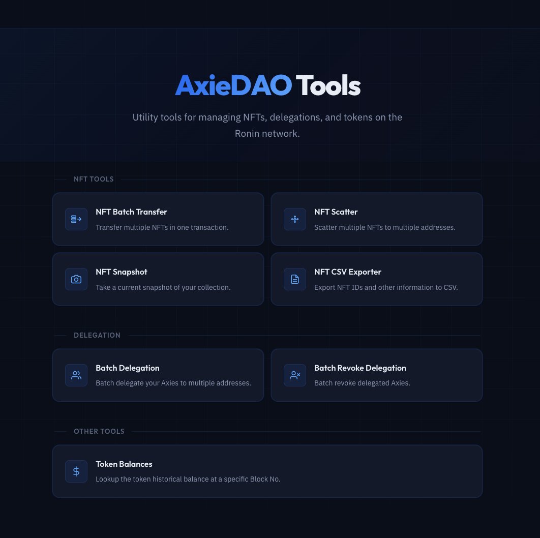 diwick's tweet photo. Gave the Ronin AxieDAO Tools site a fresh coat of paint. Also dropped a new feature: Batch Revoke Delegation for Axies for mass revoking/claiming expired delegations. https://t.co/ZgKvaszt5P