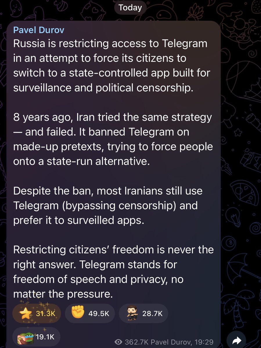 OzKaterji's tweet photo. Durov has finally responded to the Russian Telegram restrictions, and you will be shocked to discover that unlike EU leaders, he does not mention Putin at all in his statement https://t.co/kJHfW1cz9D