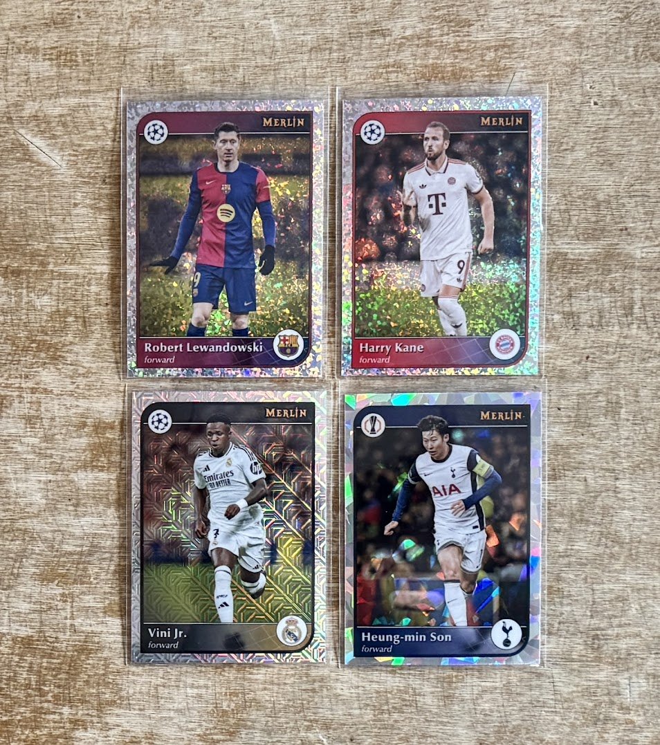 2024-25 Topps Merlin Parallels:  Lewandowski, Kane, Son and Vini Jr

$1 each

*See pinned tweet for shipping, etc
Stack min $10
#TSSS #GiuntaStack