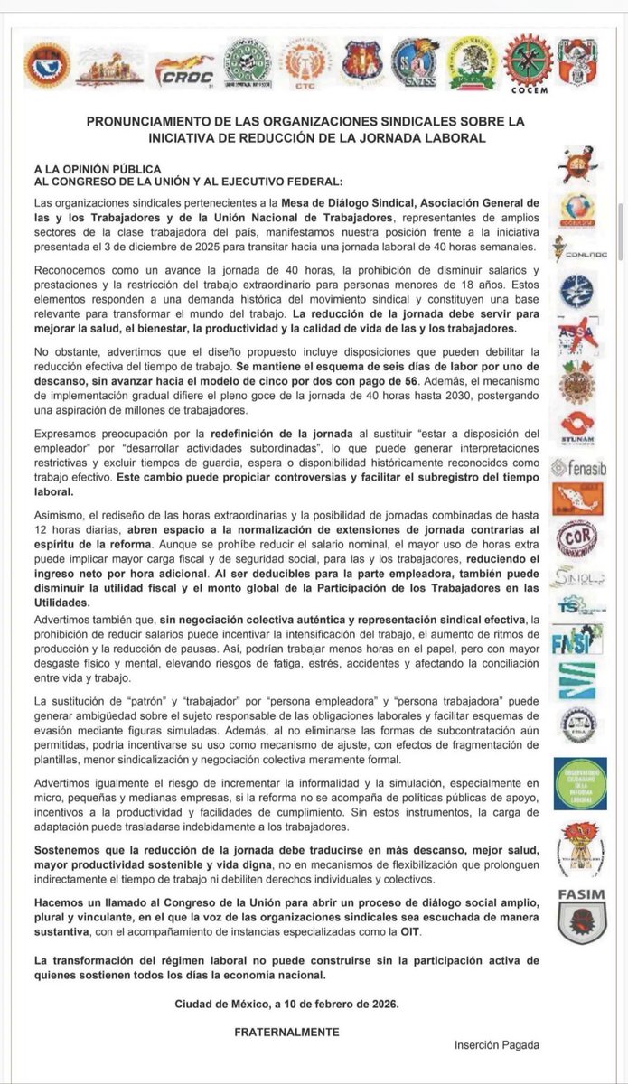 Sumamente importante que los sindicatos expresen sus preocupaciones frente a la reducción de la jornada laboral a #40horas, sobre todo por no contemplar 2 días de descanso pero también por otros puntos cuestionables en términos de derechos laborales.

Acompaño su solicitud para