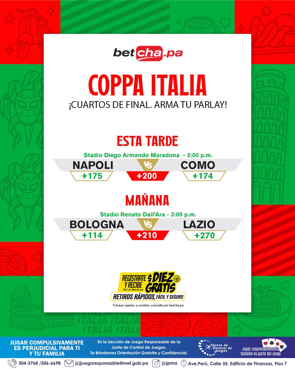 ¡Cuartos de final! 

Se definen los últimos dos cupos para semifinales. Inter Milan y Atalanta ya se clasificaron. 

HOY: Napoli 🆚 Como
MAÑANA: Bologna 🆚 Lazio

Elige tus piques y súmalos a tu parlay futbolero en betcha.pa 

📲 Regístrate en