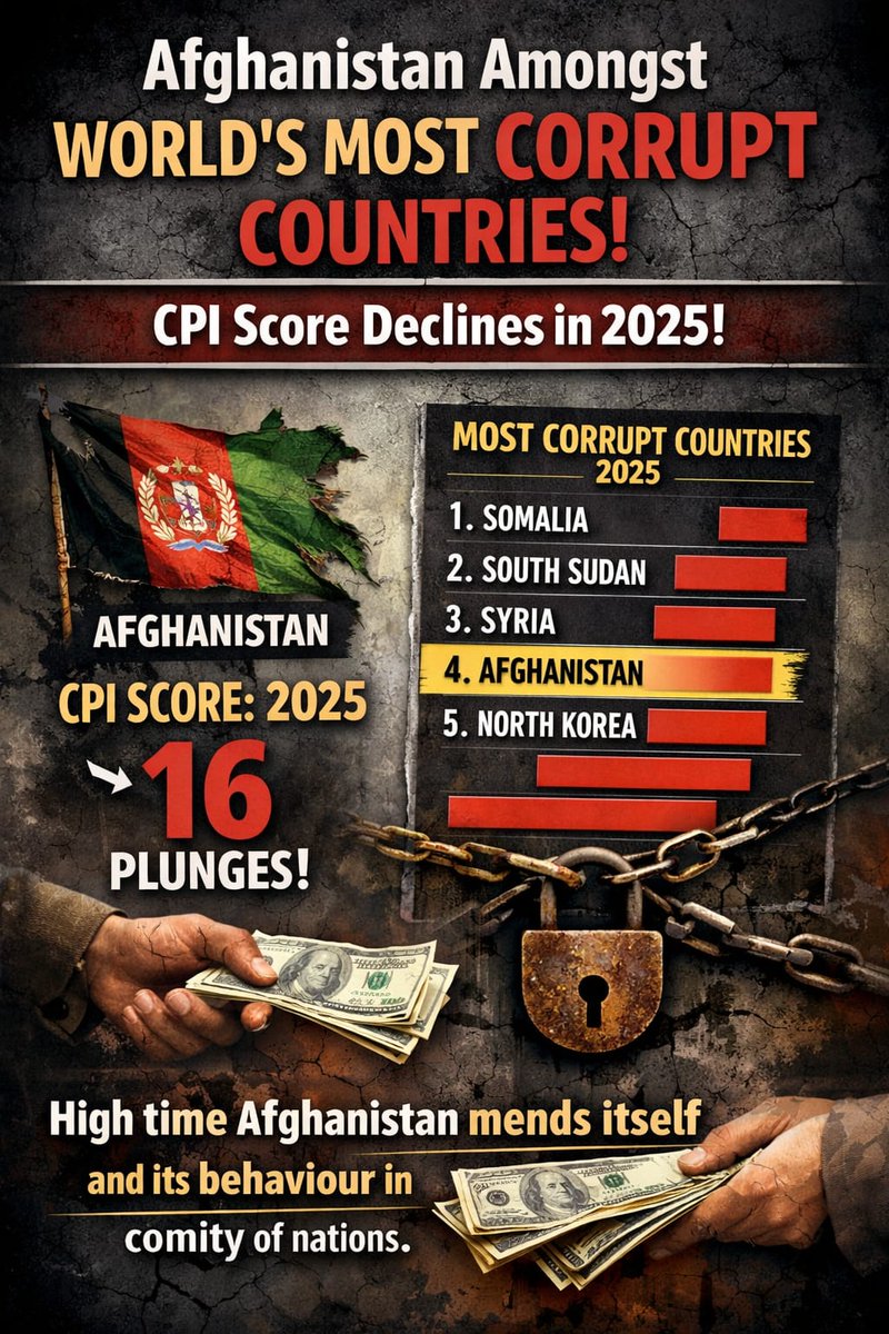 Afghanistan ranks among the world’s most corrupt countries! According to Transparency International’s 2025 CPI, Afghanistan scored 16/100 and placed 169th out of 182 nations — down from last year. Time for real reform and accountability! #CPI2025 #CorruptionReport