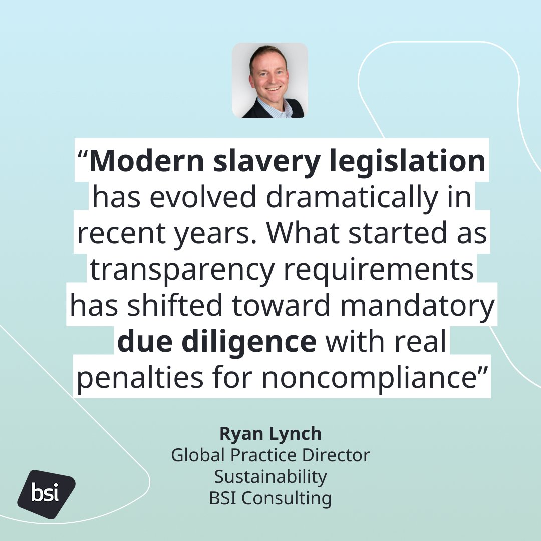 BSI_America's tweet image. In their latest blog post, Kimberly Rodriguez and Ryan Lynch, break down what modern slavery really looks like today, why compliance is getting tougher, and what this shift means for global supply chains. bit.ly/4auDWYI 

#supplychain #duediligence #modernslavery #esg