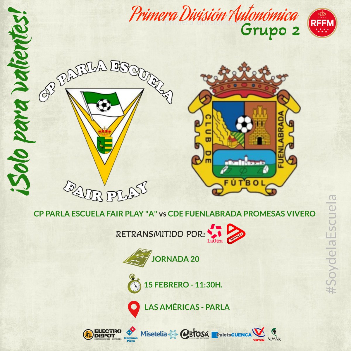 🤍💚 Este domingo a las 11.30h nos enfrentamos a otro filial, el CDE Fuenlabrada Promesas, en Las Américas

📺 El encuentro será retransmitido por LaOtra y RFFM Play

🏹 Objetivo: continuar la racha

#SoydelaEscuela #SoloParaValientes