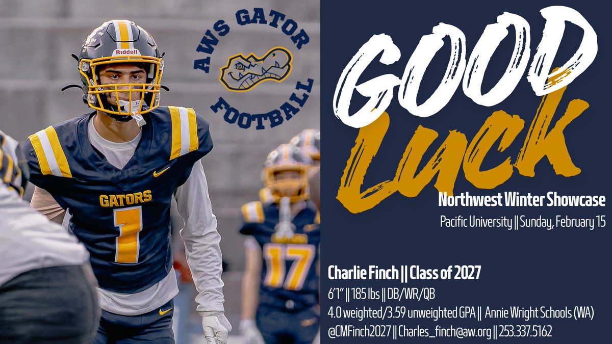 aws_football's tweet photo. @CMFinch2027 will be at Pacific University for the @THENWSHOWCASE this Sunday. Good luck Charlie!
#AWSFootball #GatorPride #classof2027 #FootballRecruit #WAPreps @AndrewNemec @JordanJ_ @BrandonHuffman https://t.co/mKN4g7R4ZZ