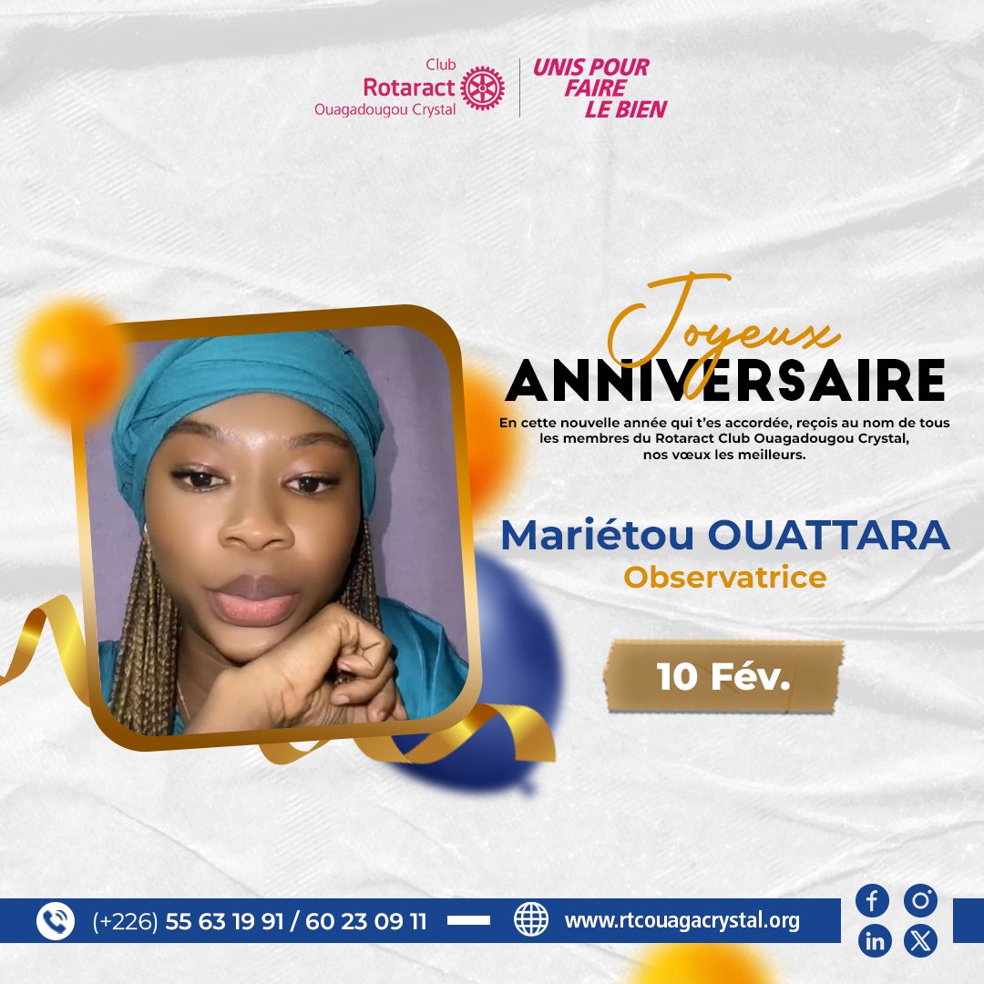 RotaractCrystal's tweet photo. Un anniversaire, c’est l’occasion de célébrer tout ce qu'une personne apporte autour d'elle.
Nous célébrons un des Crystal du jour 💎

✨✨Joyeux anniversaire chère amie Marietou OUATTARA 🎉🎉
Que cette nouvelle année t’apporte santé, bonheur, réussite et de beaux moments. https://t.co/sVo4pHdgQ4