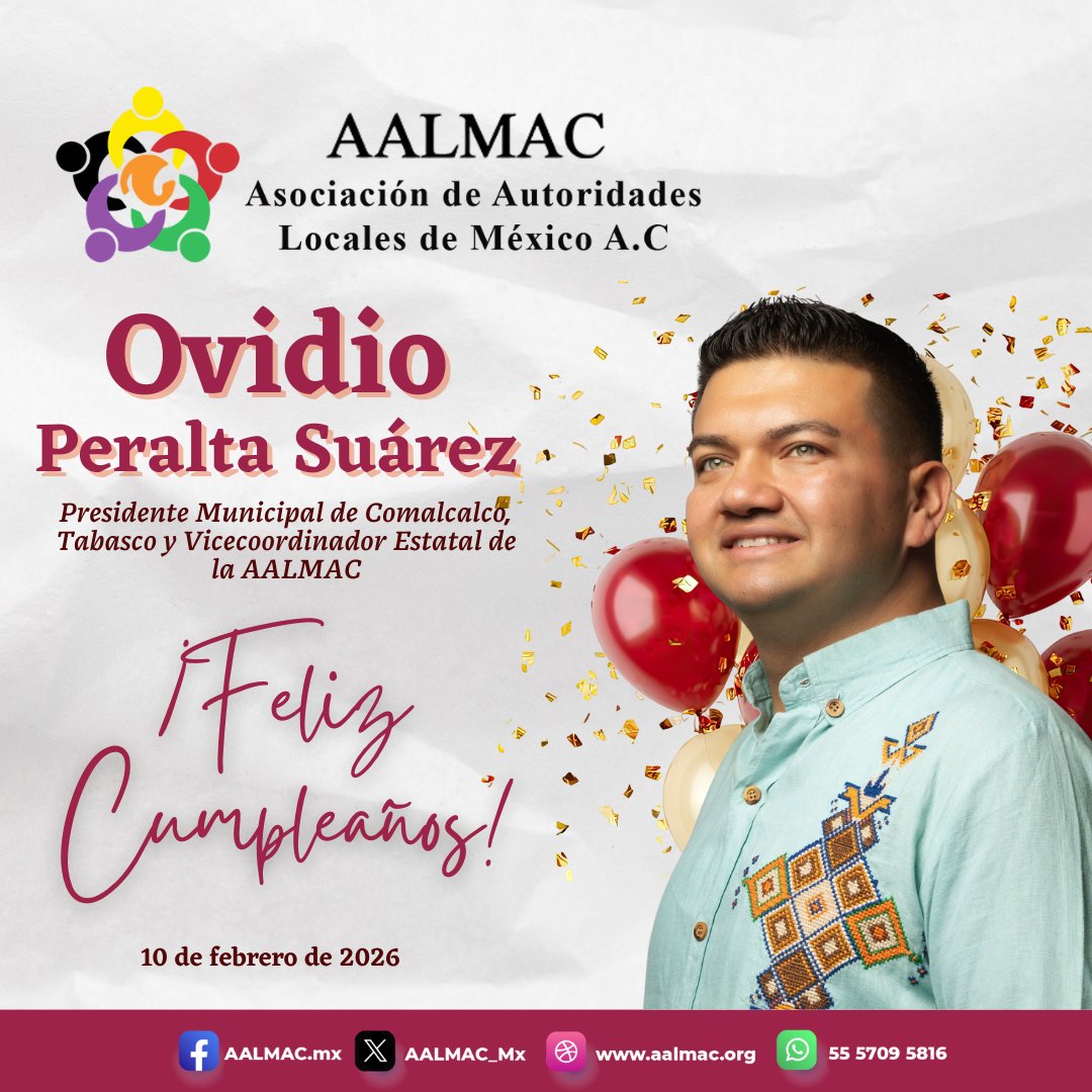 Desde la AALMAC, extendemos una sincera felicitación a <a href="/OvidioPeraltaS/">Ovidio Peralta Suárez</a>, Presidente Municipal de Comalcalco, Tabasco, y Vicecoordinador Estatal de nuestra Asociación, por motivo de su cumpleaños. 🎂🎂

Que este nuevo año de vida esté lleno de salud, éxitos y logros en favor de su