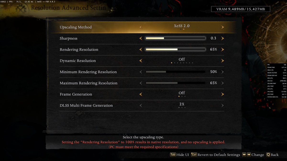 TrulyNotHuman's tweet image. أسئلة كثيرة:
حقنت FSR4
الكرت عندي 9070XT
المعالج 9800X3D

الوضوح 4K
الجودة 65%
تفعيل نمط رفع الجودة XESS -&amp;gt; FSR4

إعدادات مخصصة:
إغلاق كافة التأثيرات + إختيار جودة عالية في بعض الأمور و متوسطة في أخرى و منخفضة في البقية

متوسط الفريمات 75
الحرارة 75
سرعة مراوح 65%
#Nioh3 #نيوه3