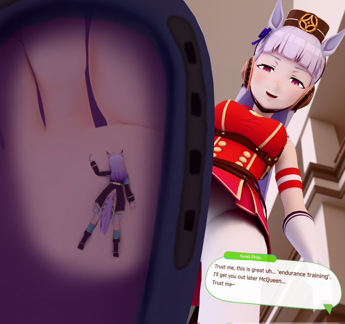 Gold Ship tends to tease, prank, or annoy her friend Mejiiro McQueen, although usually to her downfall. This time, however... success! Now McQueen was stuck in the confines of her boot.

She'll let her out... eventually.
#sizetwitter #giantess #巨大娘