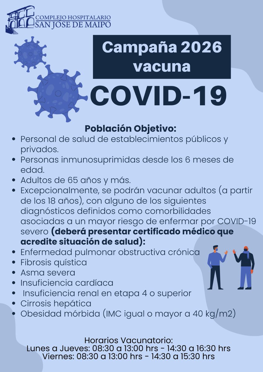 💉 Campaña Vacunación COVID-19 2026
Complejo Hospitalario San José de Maipo
Protegernos es una responsabilidad compartida. Ya está en marcha la Campaña de Vacunación COVID-19 2026, dirigida a los grupos de mayor riesgo y al personal de salud.
