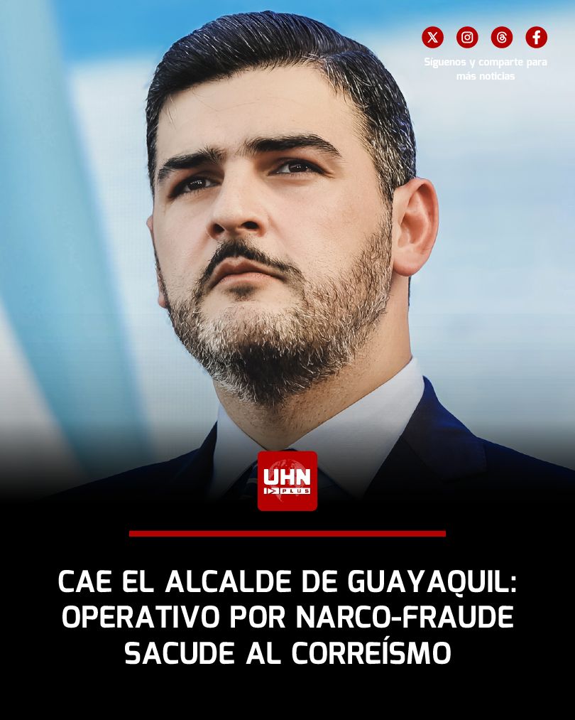 UHN_Plus's tweet photo. 🇪🇨‼️ | ATENCIÓN — El alcalde de Guayaquil, Aquiles Álvarez, aliado del correísmo, fue detenido la madrugada de este 10 de febrero junto a sus hermanos Antonio y Xavier Álvarez y otras 8 personas en el marco del Caso Goleada, por presunta delincuencia organizada, lavado de activos y fraude tributario. Al momento de su captura no portaba el grillete electrónico impuesto en el Caso Triple A, y la Fiscalía incautó dinero en efectivo, equipos electrónicos y documentos; Álvarez ya fue trasladado a Quito para la audiencia de formulación de cargos.