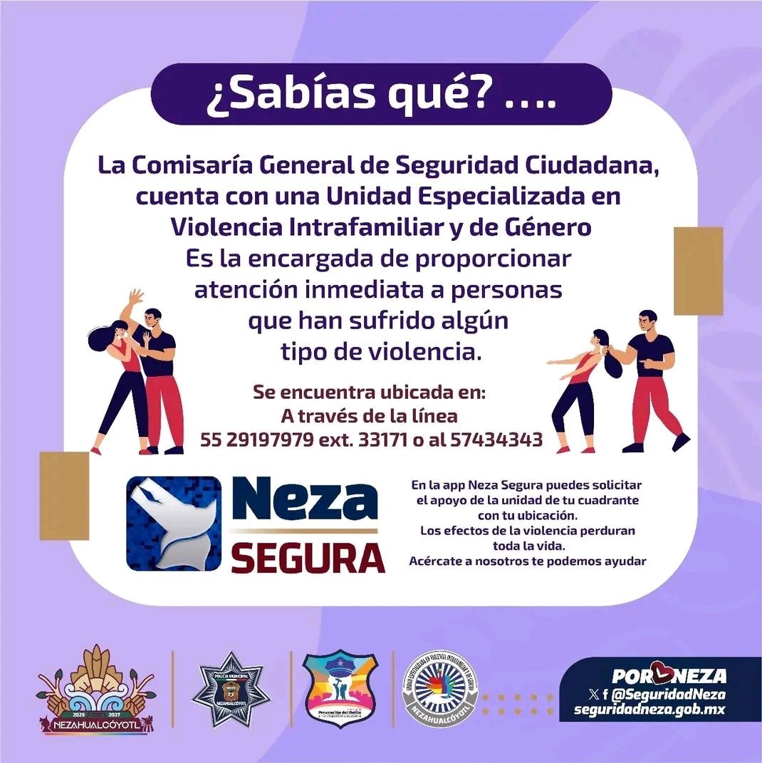 GeneroNeza's tweet image. ¿Sabías que…?
La Comisaría de Seguridad Ciudadana cuenta con una Unidad Especializada en Violencia Intrafamiliar y de Género que brinda atención inmediata a víctimas de violencia.
Si necesitas apoyo, llama:
📞 55 2919 7979 ext. 33171
📞 55 5743 4343
No estás sola, no estás solo