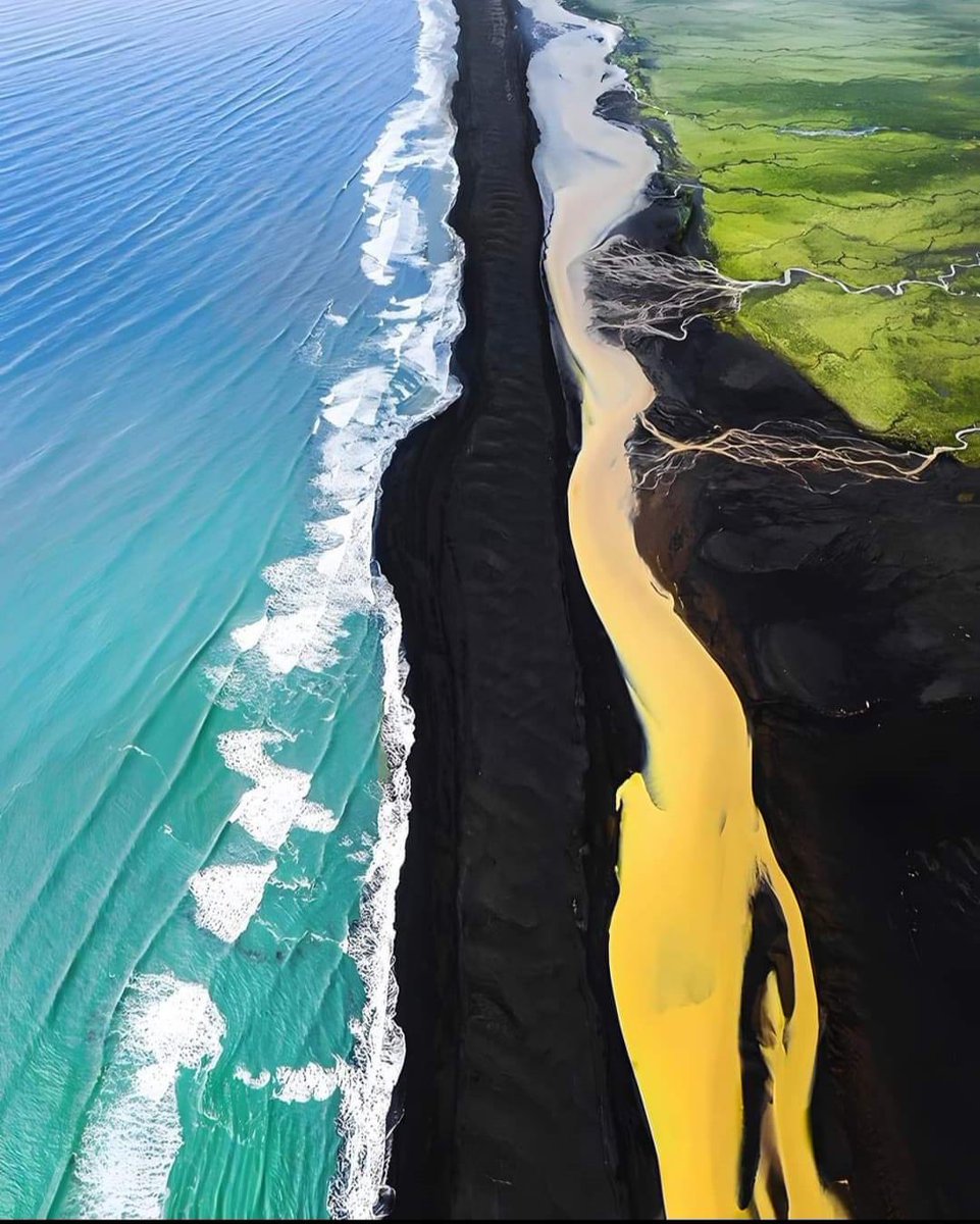 In Iceland, there's a spot where green fields, a yellow river, a black beach, and the ocean all come together. 🇮🇸