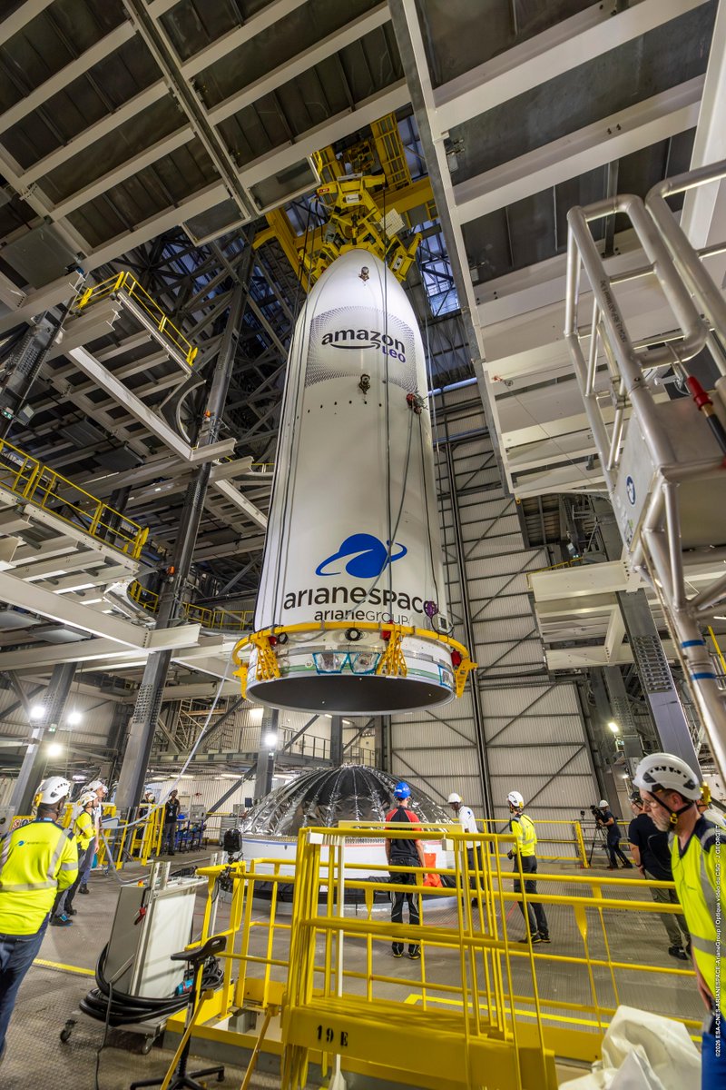 amazon's tweet image. Get ready for... 3... 2... 1... LIFTOFF 🚀

@Amazonleo is preparing for its first heavy-lift mission of 2026. Take a look as 32 satellites are loaded aboard @Arianespace's Ariane 64 rocket ahead of launch.

The LE-01 mission launches Thursday, February 12 from French Guiana,