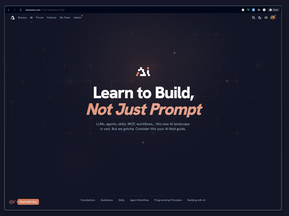 I'm hoping to wrap up our new Laracasts AI field guide this week.

Think of it like our traditional Path section, but instead all about AI usage and workflow. It'll include dedicated Laracasts videos, examples, and also external resources to learn more.
