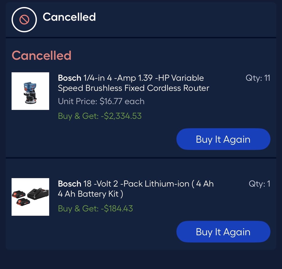 GlitchedDeals's tweet photo. Lowes cancelled the glitch

Then shipped it anyway

$2,300+ worth of Bosch tools for $0

I love this game 😂 https://t.co/xZSr9Whj4b