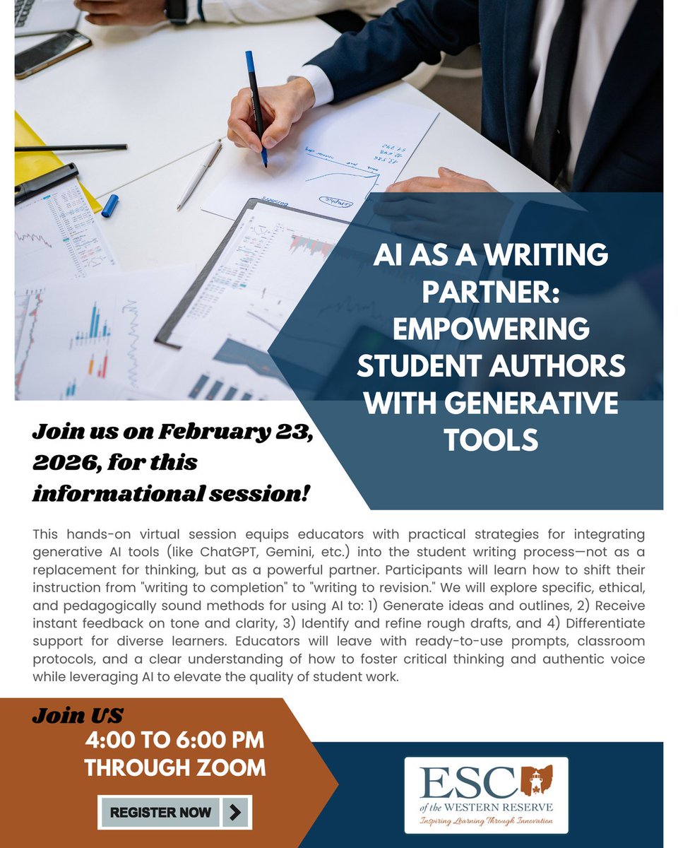 AI can be a powerful writing partner—not a replacement for thinking.
Join our virtual session to learn ethical, practical ways to use generative AI to support brainstorming, feedback, and revision in student writing.

📅 Feb 23 | ⏰ 4–6 PM | 💻 Zoom