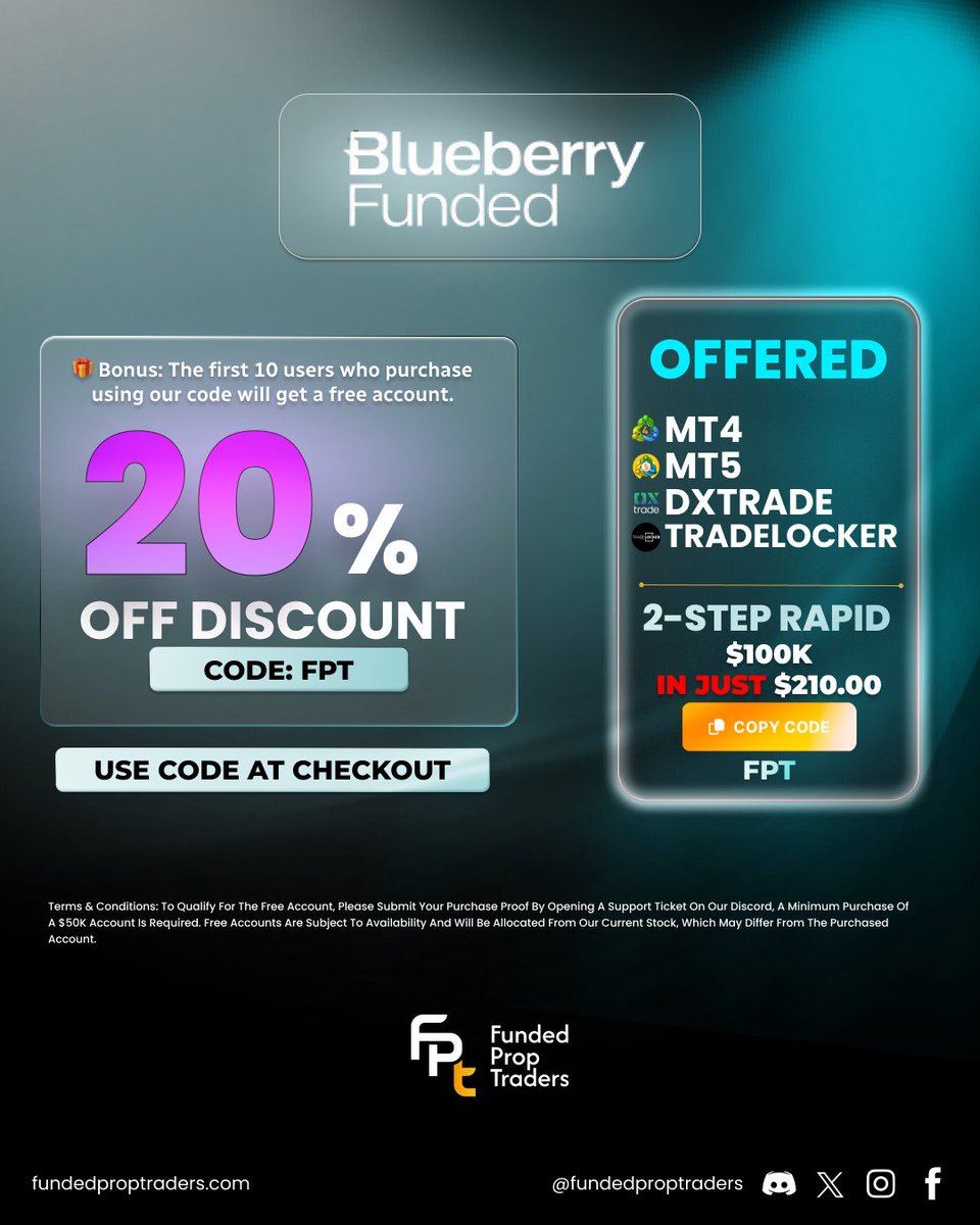 Massive deal alert for Blueberry Funded! ⚡️

Snag a $100K 2-Step Rapid Account for just $210.00 when you use our exclusive discount.

✅ 20% OFF Sitewide 
✅ Platforms: MT4, MT5, DXTrade, TradeLocker 

Claim your discount with code FPT: 👉 bit.ly/BlueberryFPT