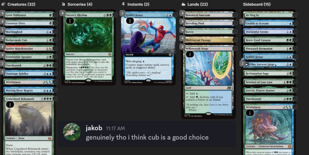 Even the diehard Lessons simps like Cub decks. Jokes aside, updated the now UG/Bant Cub guide on the Maetreon today. It's essentially two guides in one now! Still figuring out the format before Milwaukee but hopeful for the deck to make a comeback.