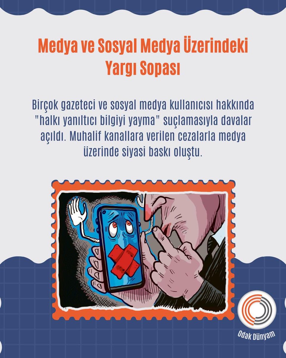 Medya ve Sosyal Medya Üzerindeki Yargı Sopası

Birçok gazeteci ve sosyal medya kullanıcısı hakkında "halkı yanıltıcı bilgiyi yayma" suçlamasıyla davalar açıldı. Muhalif kanallara verilen cezalarla medya üzerinde siyasi baskı oluştu.

#LouisVuitton 
AdaletEnkaz Altında