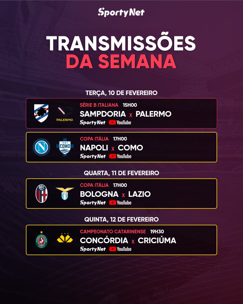 SportyNetBrasil's tweet photo. PROGRAMAÇÃO DA SEMANA NO AR!

Os últimos jogos da Copa da Itália você acompanha com exclusividade na SportyNet

E agora que os estaduais começam a pegar fogo, tem futebol pra todo lado!
Acompanhe o Mineiro, Catarinense e muito mais nas telas da SportyNet.

#NoCentroDoJogo https://t.co/sMDoTnIYM4