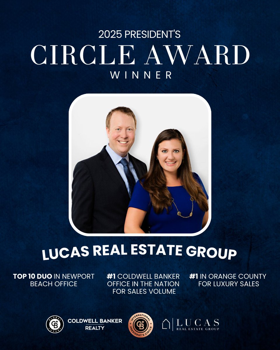 LucasEstates's tweet photo. Honored to be named a 2025 President’s Circle Award recipient by Coldwell Banker. Grateful to our clients for their trust and proud to be a Top 10 Duo in Newport Beach, within the #1 Coldwell Banker office in the nation and #1 in OC luxury sales.

#LucasRealEstateGroup https://t.co/LqRmikj5eb