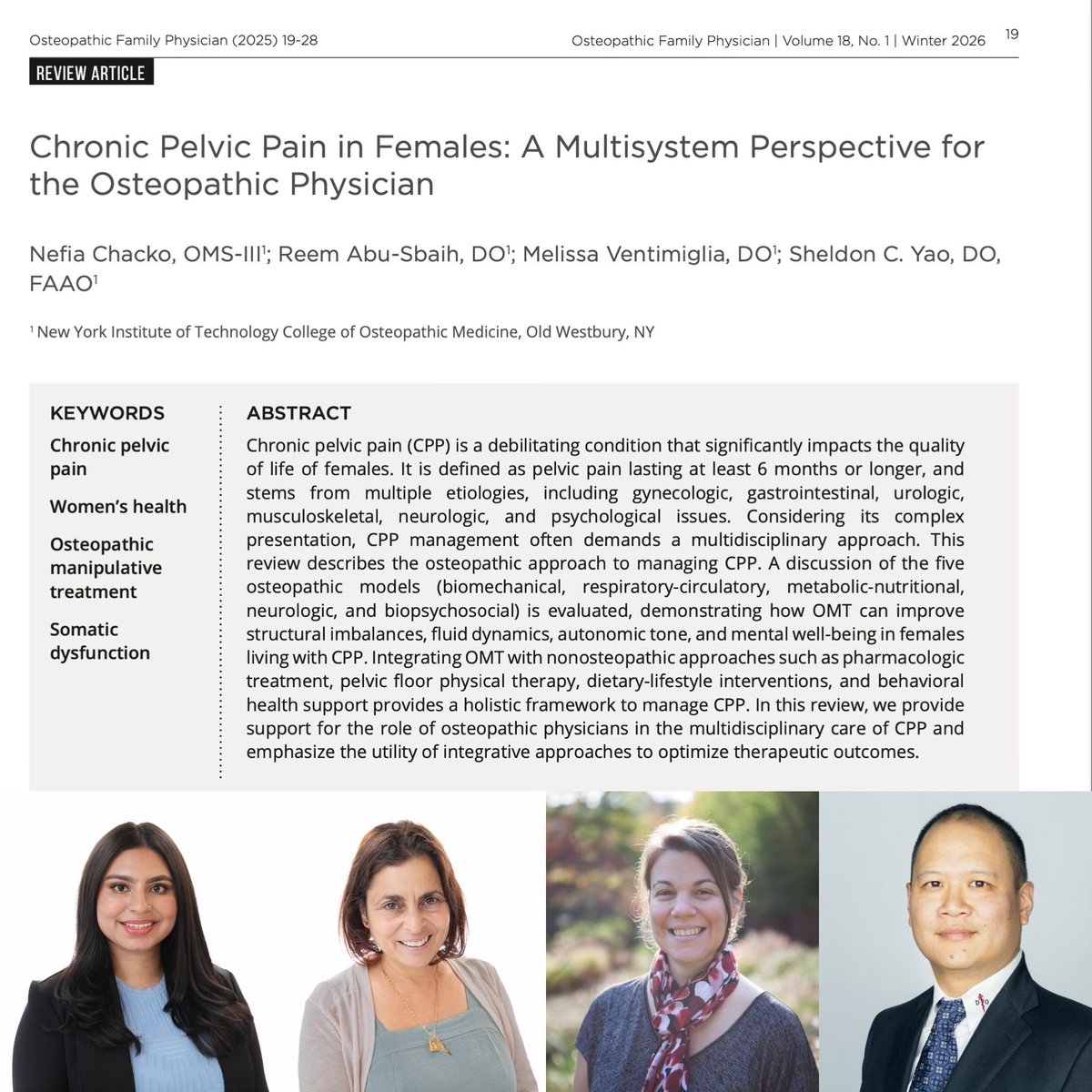 NYITCOMDO's tweet photo. Congratulations to Nefia Chacko, OMS-III, and faculty co-authors Drs. Reem Abu-Sbaih, Melissa Ventimiglia & Sheldon Yao on their Osteopathic Family Physician publication, “Chronic Pelvic Pain in Females.” 🔗 https://t.co/0kloxDnRLy
#nyitcom #nyitcomar @ACOFP @aoafordos https://t.co/yvG5jntlDS