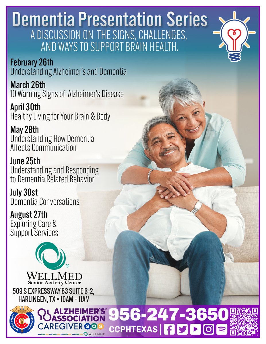 CCPHTexas's tweet photo. Looking for support or resources related to dementia? 🧠💡💜

Our Healthy Brain and Aging Program offers memory cafés, educational presentations, community events, and activities for those diagnosed with dementia and their caregivers.

🔍Browse all upcoming events below. https://t.co/Kf8WagW5IJ
