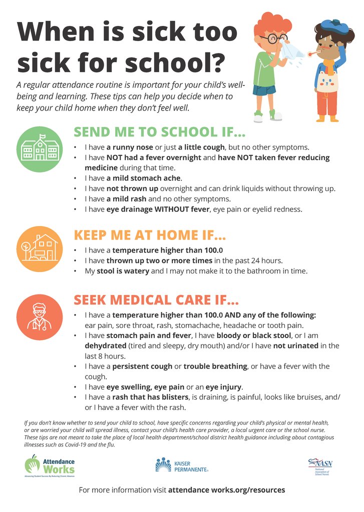 MWES_Tift's tweet photo. FLU SEASON REMINDER: 
During flu season, knowing when to come to school, when to stay home, and when to seek medical care helps keep everyone healthy. Check out this graphic for helpful guidelines . #4theT https://t.co/kxpnY6YZSb