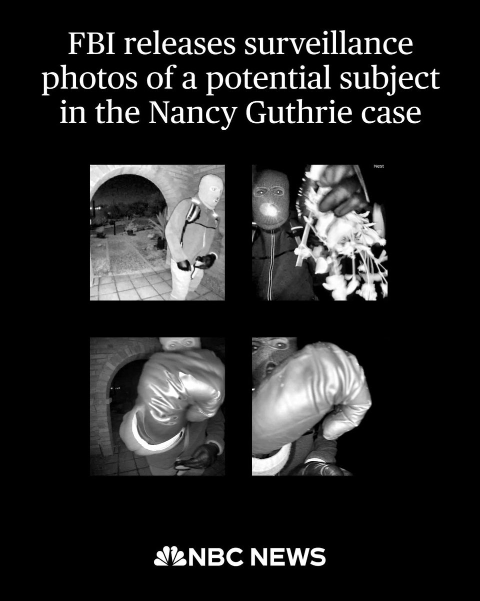 NBCNews's tweet image. BREAKING: FBI releases images of "armed individual appearing to have tampered with the camera at Nancy Guthrie's front door the morning of her disappearance."
nbcnews.app.link/domKQrVoE0b