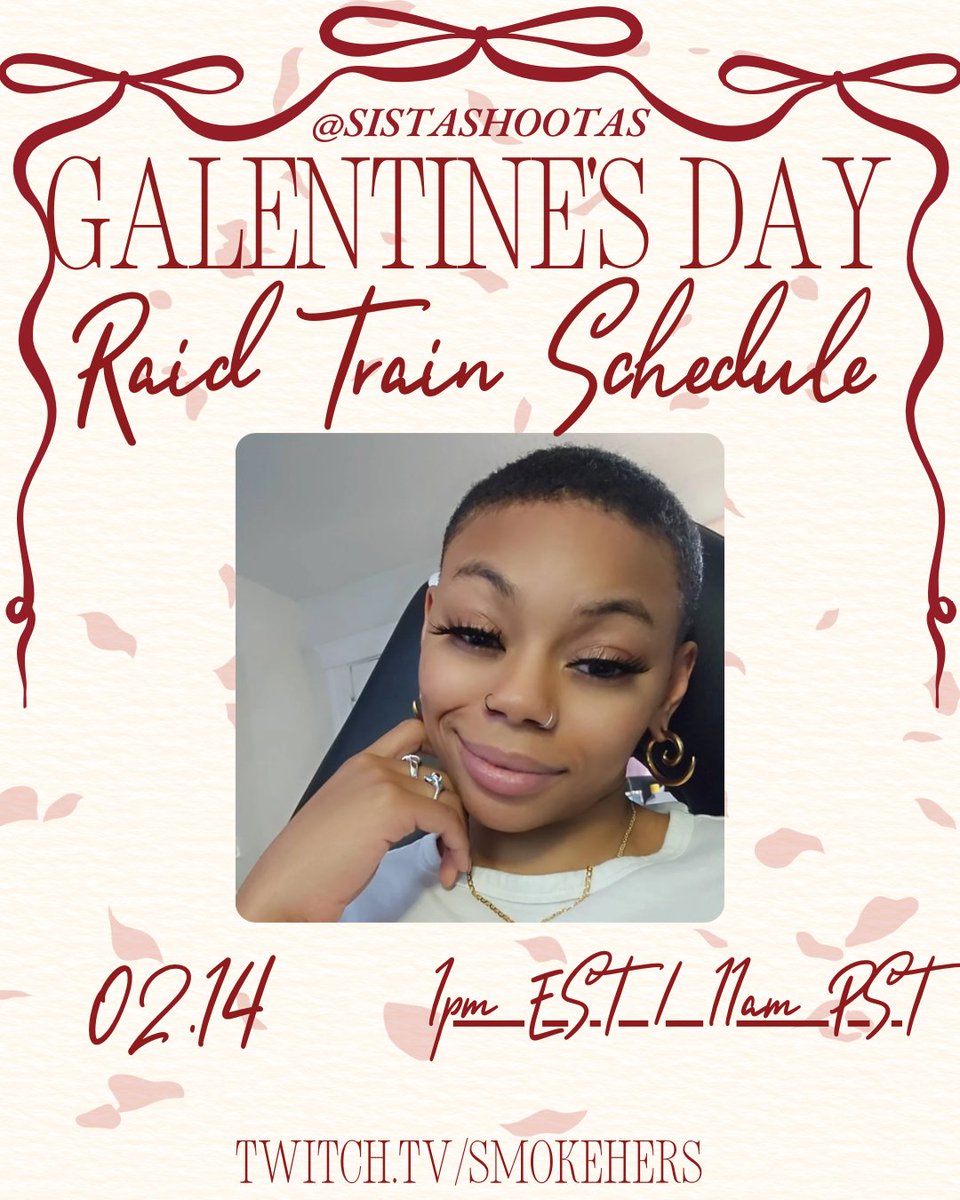 Be My Galentine 😍 ! 

<a href="/Sistashootas/">Sista Shootas</a> Raid Train Stopping By All the Sistas this Valentines Weekend 💝 

Ill See You Friday 9p-11p &amp; Saturday 1p-3p
Ttv/smokehers