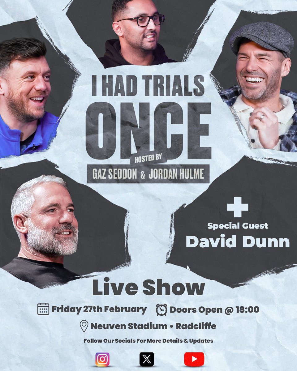 radcliffeboro's tweet photo. The Neuven Stadium will host the upcoming @IHadTrialsOnce live show, and we want you to join us 🫵

Jordan Hulme and Gaz Seddon will be joined by Lewy Morrison and David Dunn - a perfect night out for all non-league lovers!

🎟️ https://t.co/hTBPZh1Vs7

#WeAreRadcliffe #UTB https://t.co/Mqvtsv7bgi