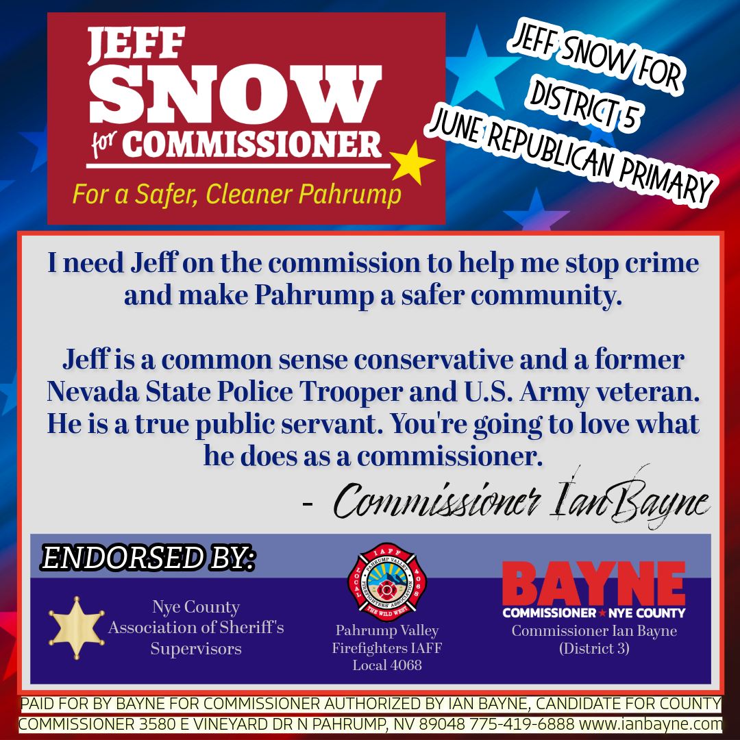 IAFFLOCAL4068's tweet photo. Vote Jeff Snow for Nye County Commissioner District 5! Endorsed by the Pahrump Valley Firefighters! #IAFFLocal4068 https://t.co/1pXw4mp33a